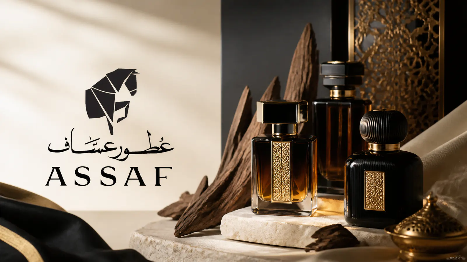 شعار عطور عساف مع زجاجات عطر وعود في دليل كود خصم عساف 2026