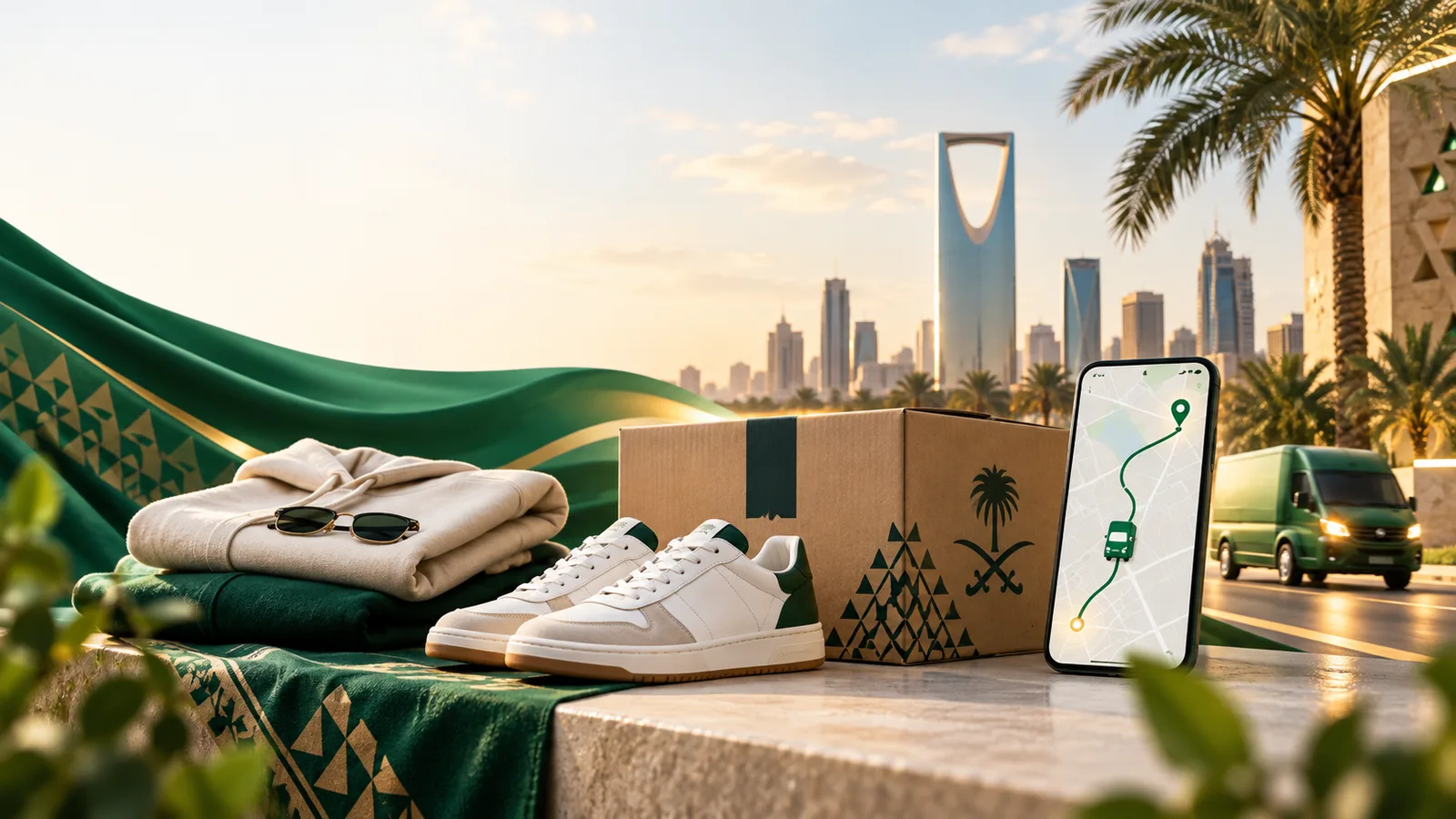 صندوق أزياء وحقيبة توصيل يرمزان إلى خيارات شحن نمشي السريعة في السعودية