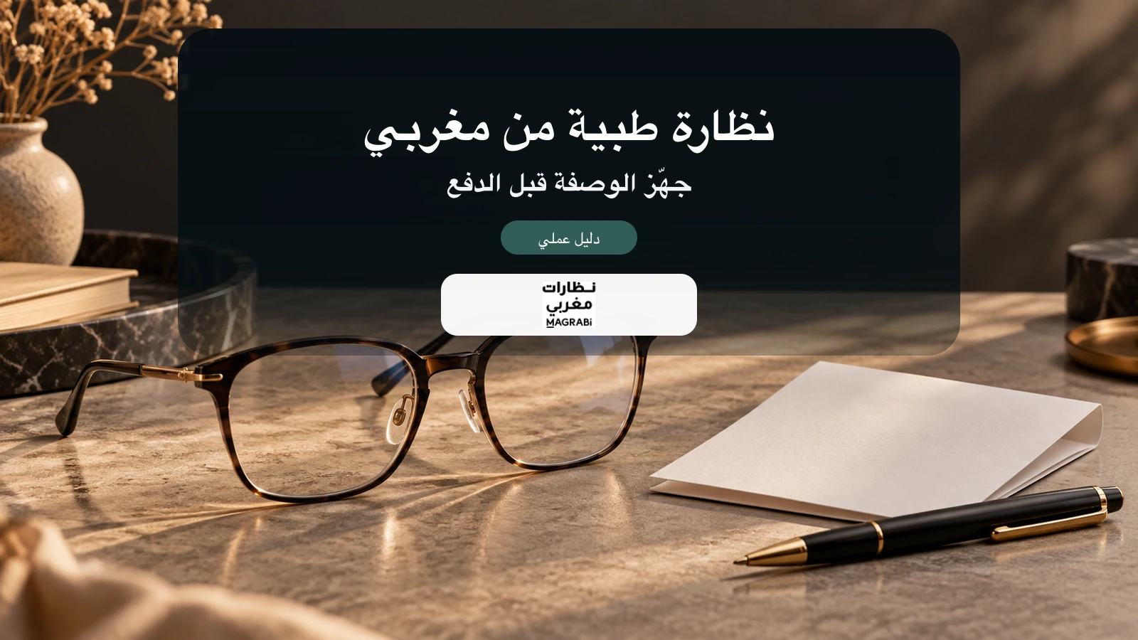 غلاف نظارة طبية من مغربي مع ورقة وصفة وعدسات قبل الطلب