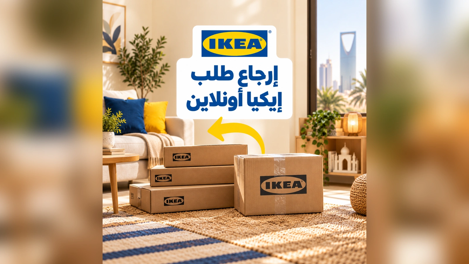 صناديق إيكيا مغلقة في غرفة معيشة مع عنوان عن إرجاع الطلب الإلكتروني