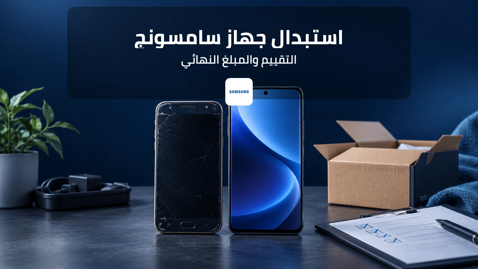 غلاف خطوات استبدال جهاز سامسونج وتقييمه مع شعار سامسونج