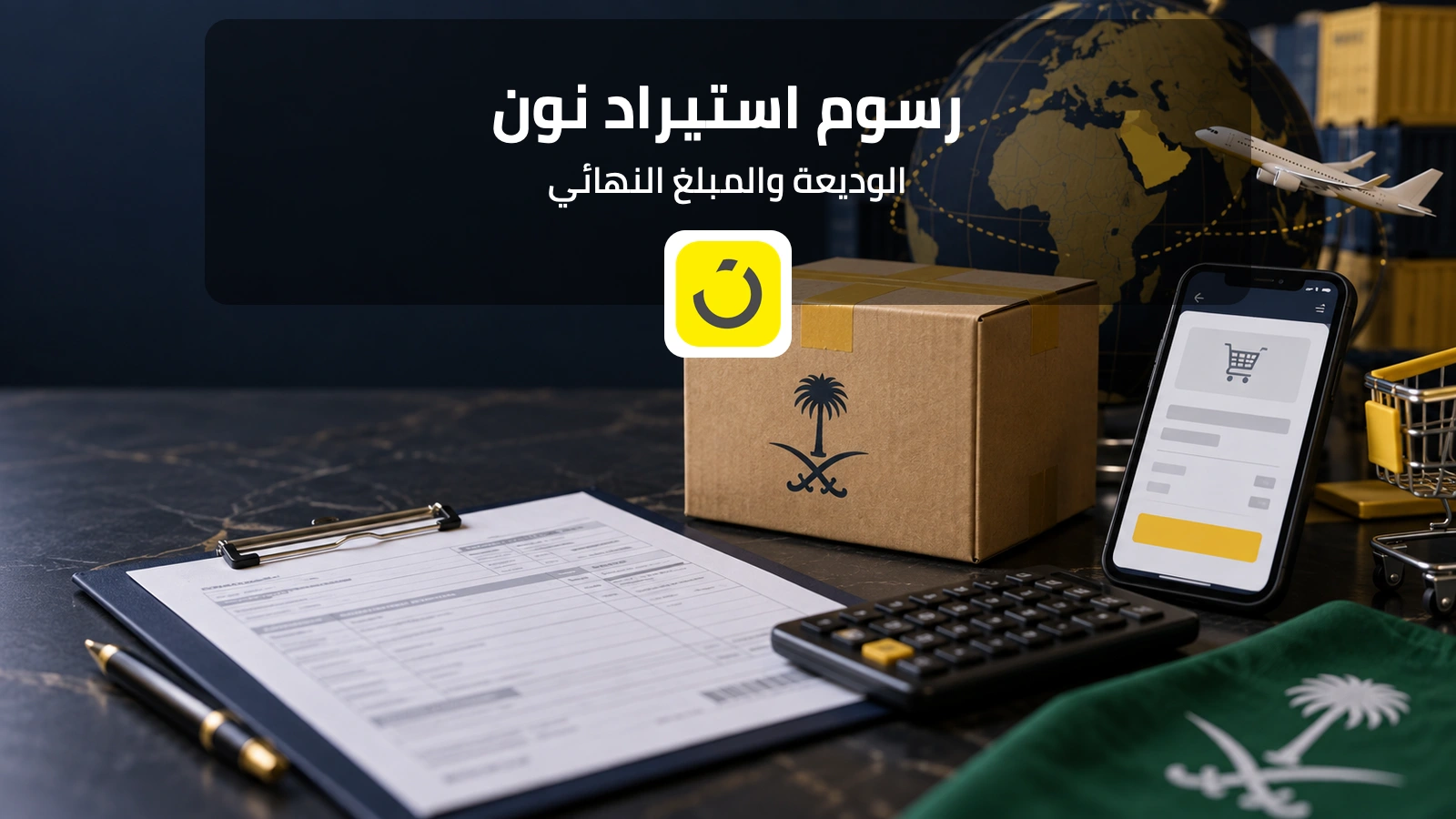 طرد عالمي وآلة حاسبة ونموذج رسوم استيراد مع شعار نون وعنوان عن الوديعة
