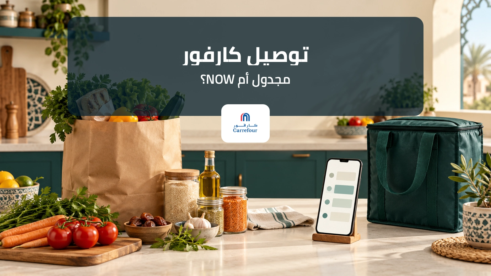 مشتريات بقالة وهاتف لخيارات توصيل كارفور المجدول وNOW