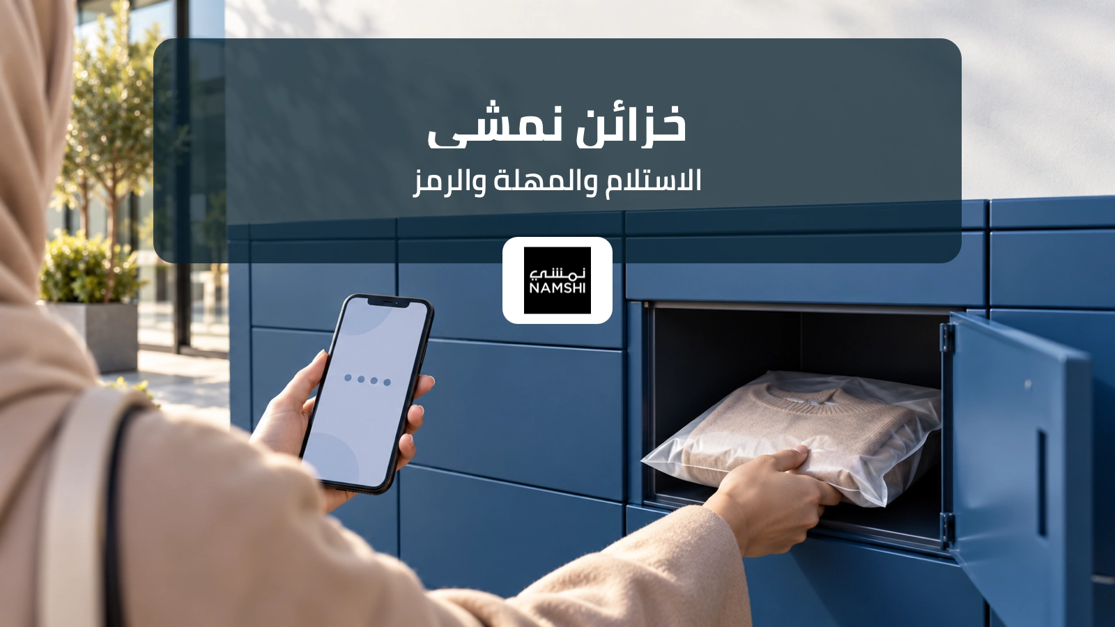 طرد ملابس داخل خزانة استلام ذكية مع هاتف يعرض رمز الاستلام