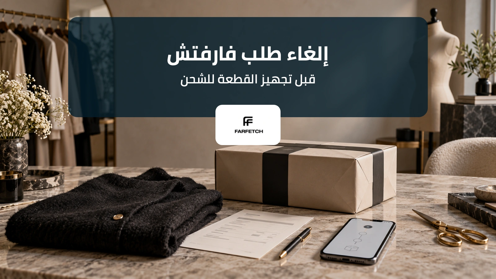 طرد أزياء على طاولة مع هاتف لشرح إلغاء طلب فارفتش قبل تجهيز القطعة