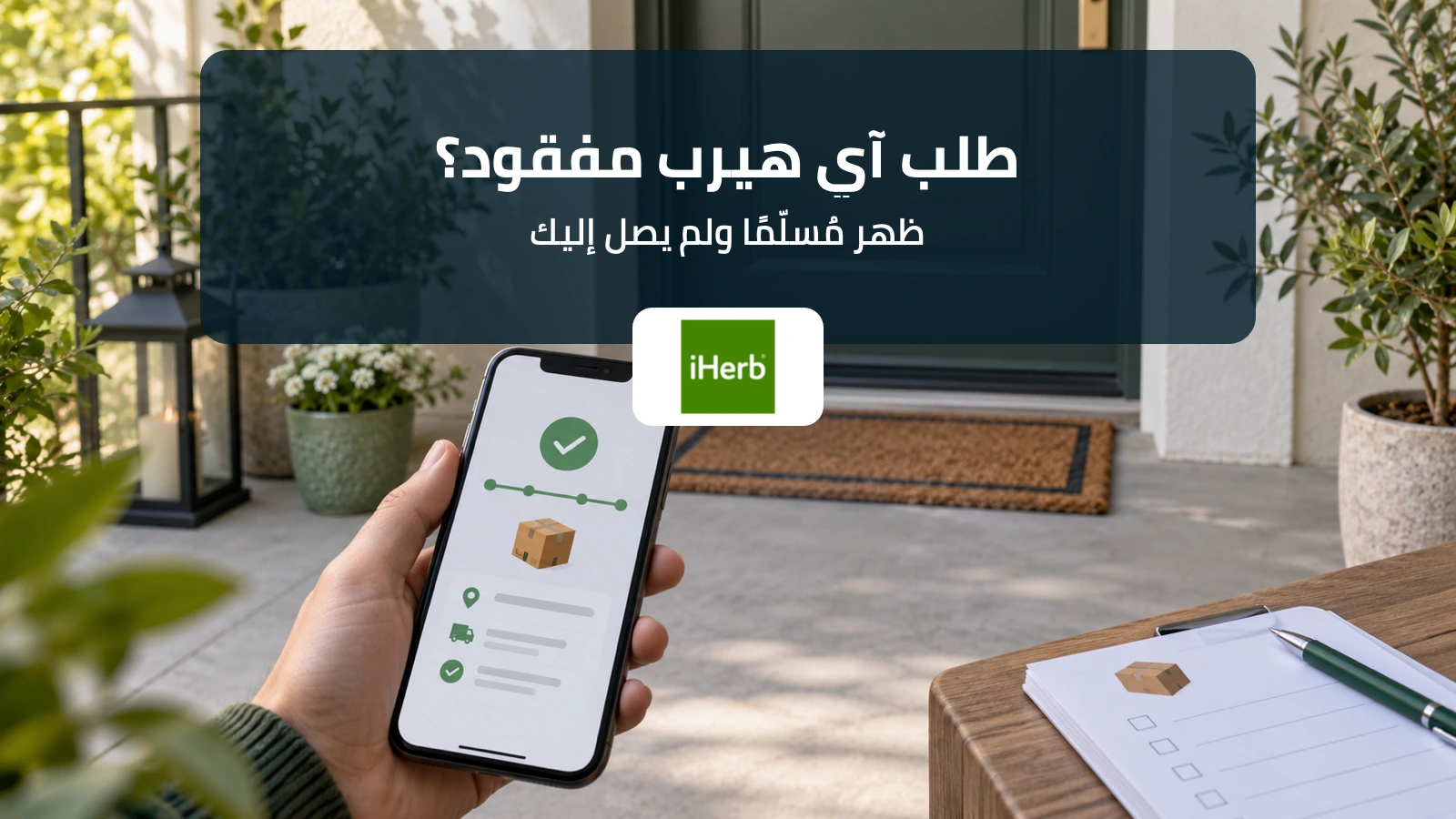 مدخل منزل وهاتف يعرض حالة شحنة لشرح طلب آي هيرب المعلن تسليمه والمفقود