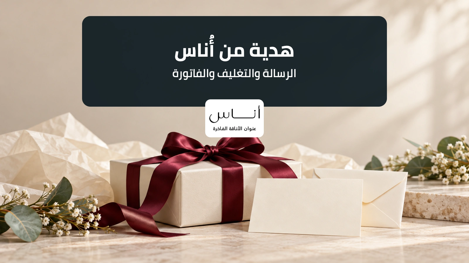 صندوق هدية بشريط وبطاقة رسالة فارغة لشرح هدايا أُناس والتغليف والفاتورة
