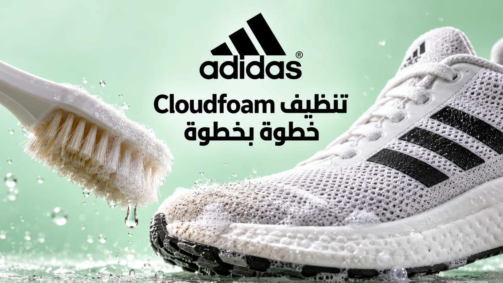 مشهد رياضي مقرب لحذاء أبيض وفرشاة ناعمة يوضح تنظيف Cloudfoam