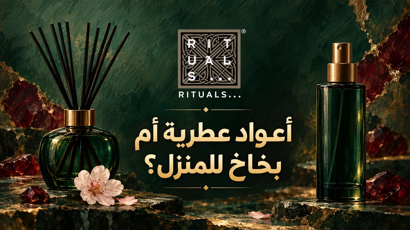 رسم داكن أخضر لأعواد عطرية وبخاخ غرفة يوضح اختلاف طريقة استخدام ريتوالز
