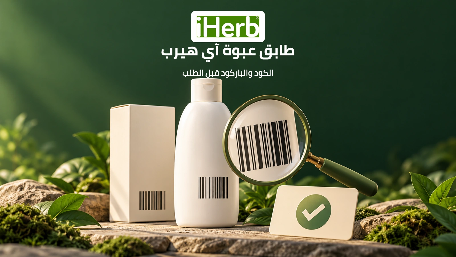 عبوة وعلبة محايدتان تحملان باركودًا مع عدسة مكبرة على خلفية خضراء لتوضيح مطابقة المنتج