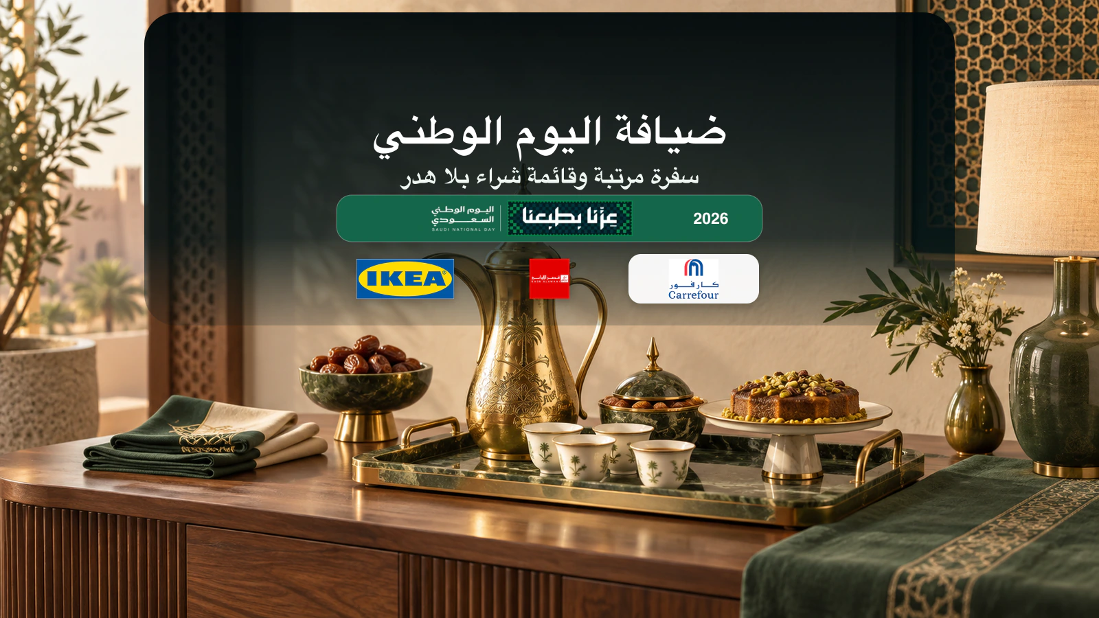 تجهيز ضيافة اليوم الوطني 2026 مع شعارات إيكيا وقصر الأواني وكارفور